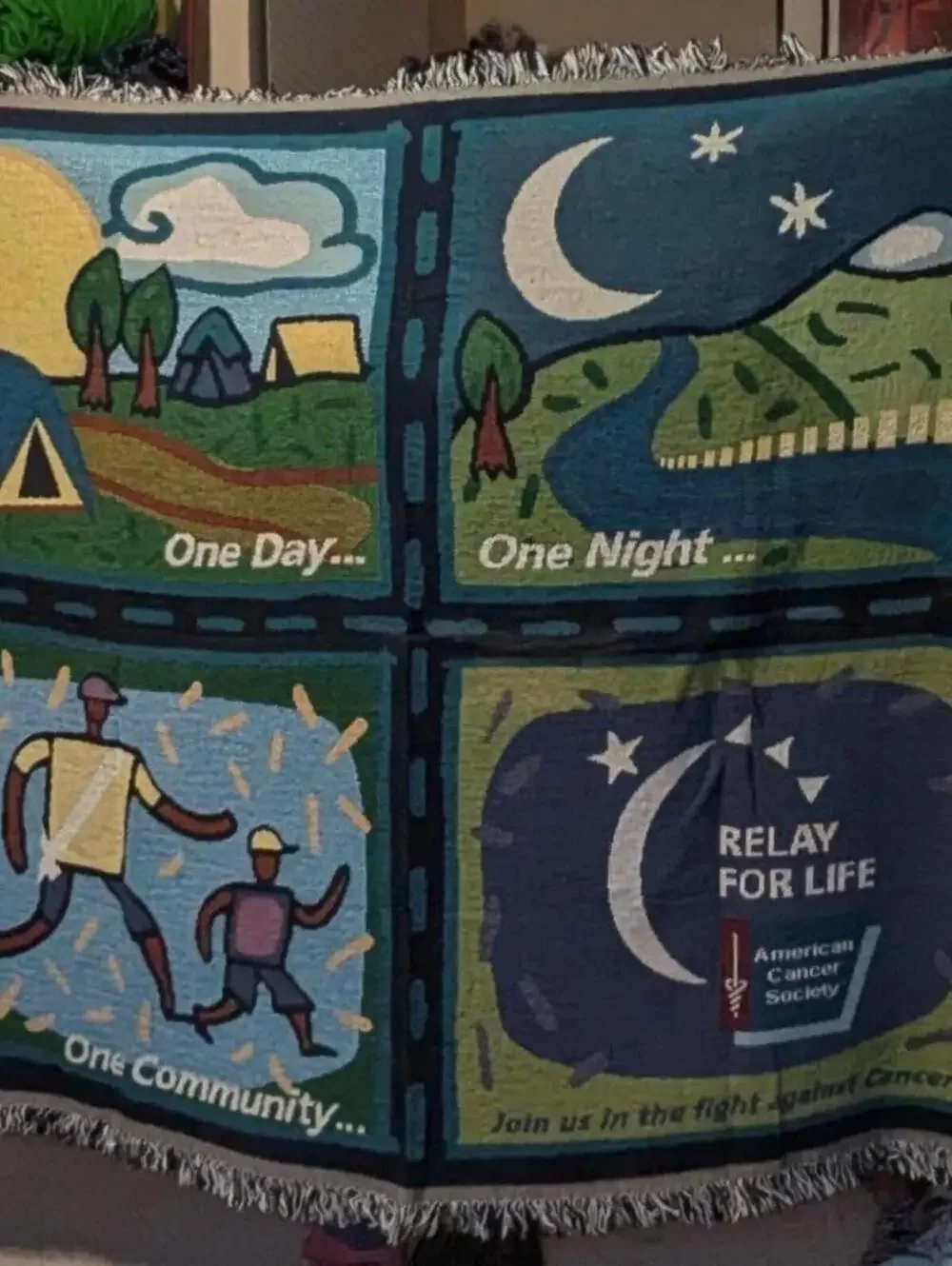 Relay For Life American Cancer Society Woven Tapestry Throw Blanket 58x50 Fringe